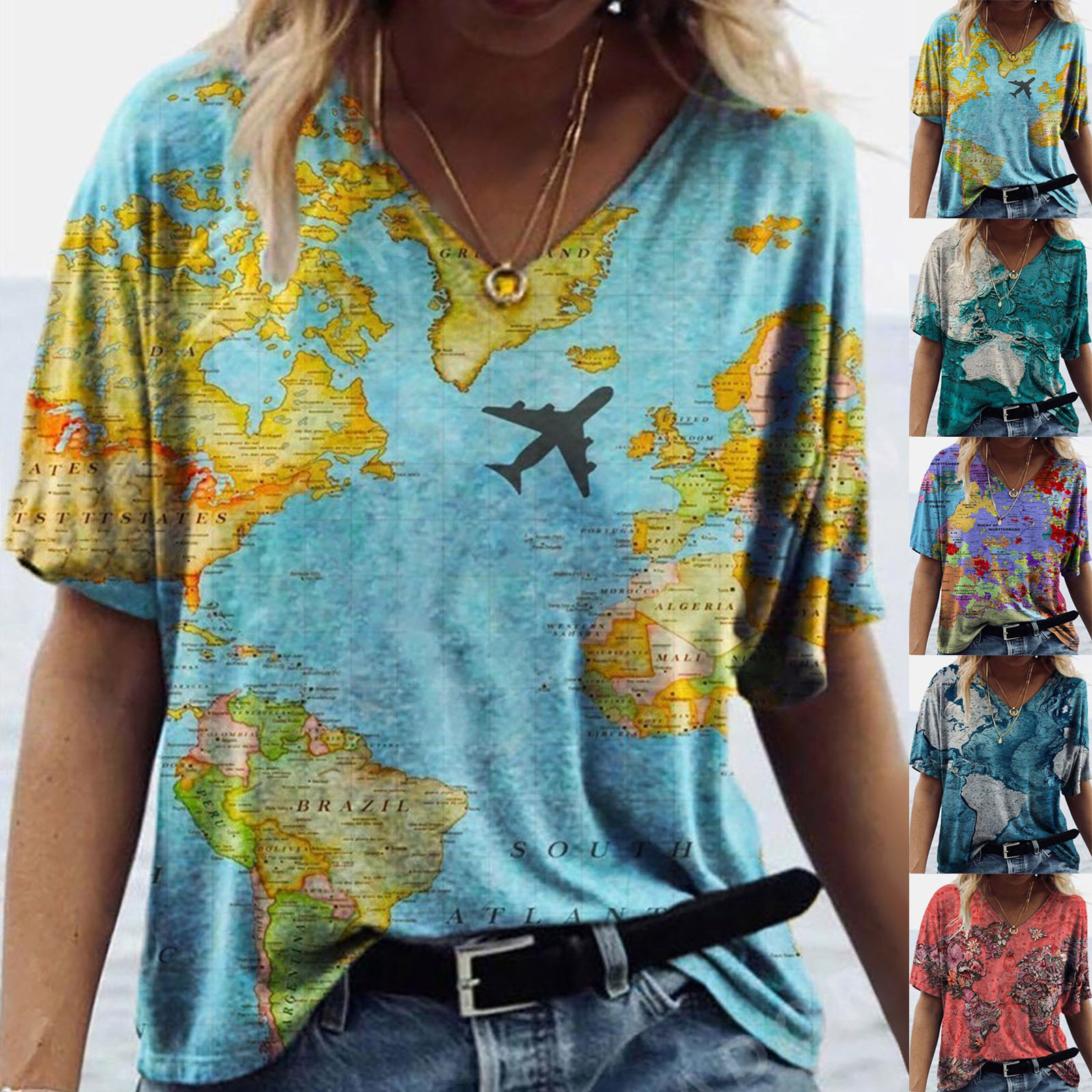 Title 8, New Female Map Print V-Neck Short-Sleeved T-Shirt