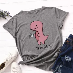 Women's Tea Drinking Dinosaur Loose Round Neck Short-sleeved Cotton T-shirt Women - Light Grey - View 1