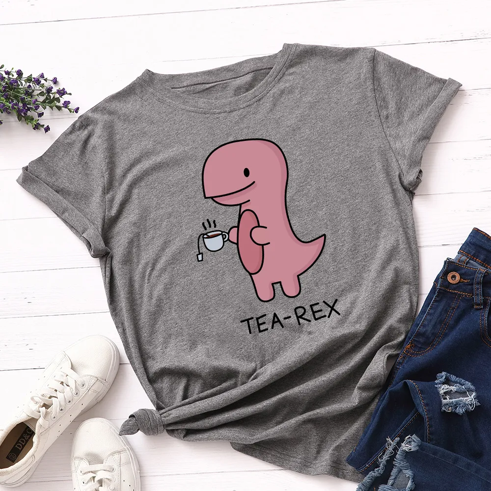 Women's Tea Drinking Dinosaur Loose Round Neck Short-sleeved Cotton T-shirt Women - Light Grey