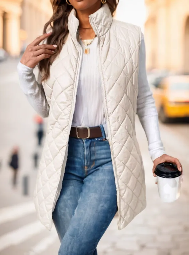 Clasi Slant Pockets Sleeveless Argyle Quilted Vest Coat White - Shop at LoveMi