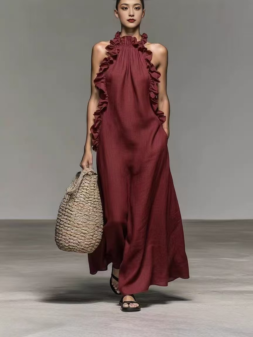 Summer Halter Neck Ruffled Sleeveless Dress, Loose Fit Flowy Dress With Pockets