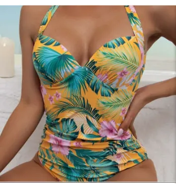 One piece Halterneck All in one Bikini Print Yellow - Shop at LoveMi