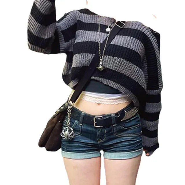 Missing Shoulder Crop Loose Spice Girl Knit Women's Striped Bump Color Top Gray - Shop at LoveMi