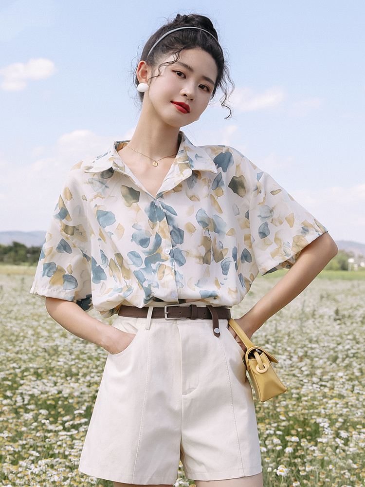 Hong Kong Style Chiffon Short-sleeved Floral Shirt Thin Style Loose Chic Top