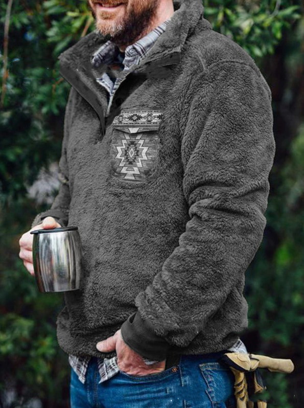 Men's Casual Flannel Plush Sweater Button Pocket Sweater