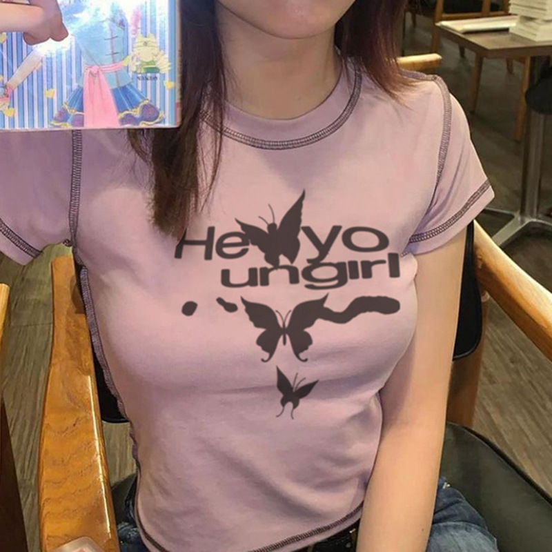 Sexy Tight Spice Girl Letter Butterfly Print Slim Slim Short T-shirt