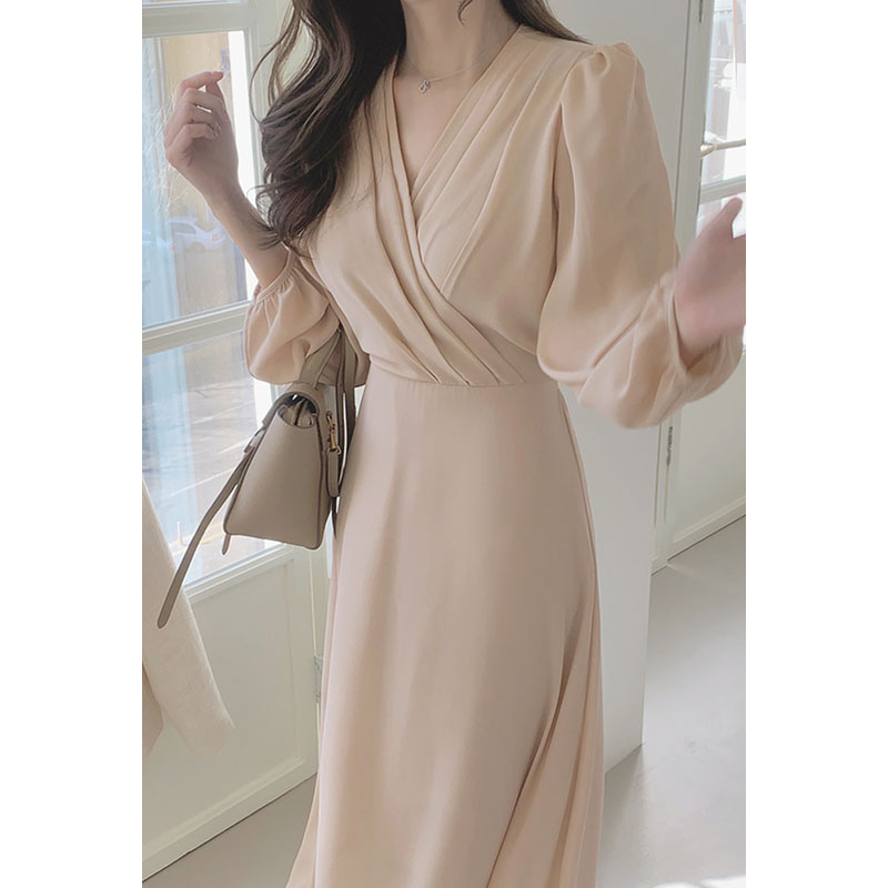 Elegant French Pleated Cross V neck Waist Slim Dress Model Color - Shop at LoveMi