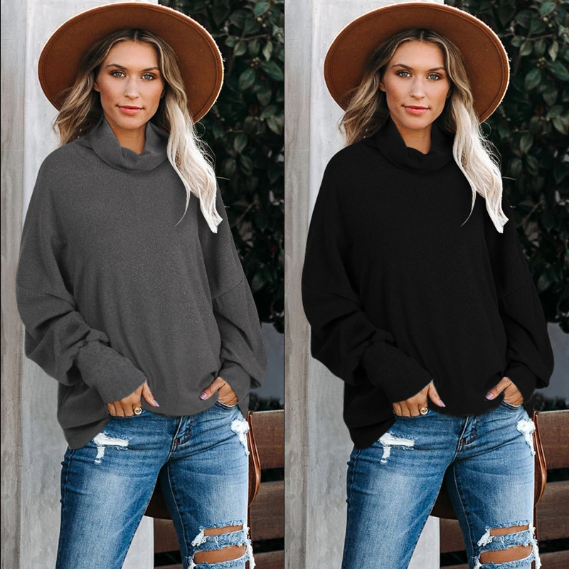 All-match High-neck Solid Color Long-sleeved Top Loose Sweater Women