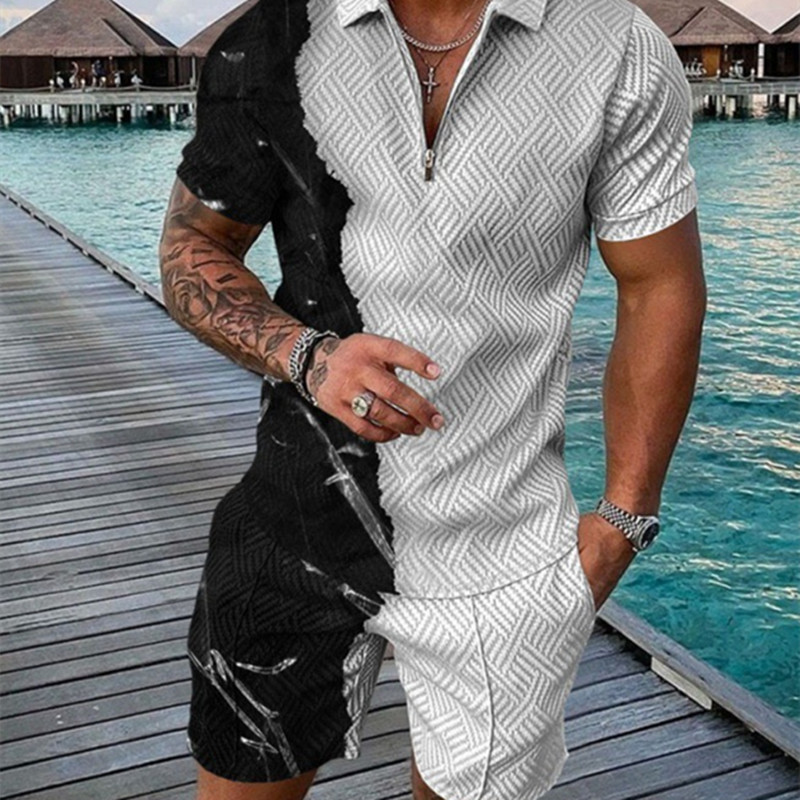 Men's Casual Striped Zip Short Sleeve Suit