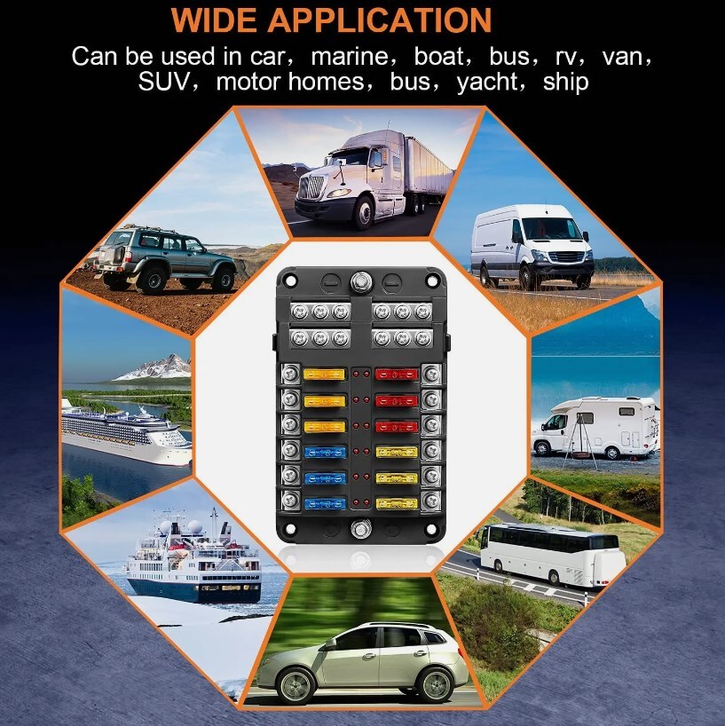 12 Way Blade Fuse Box Block & Auto Marine FuseBox Holder 12V24V Bus Bar Car Kit — image 6