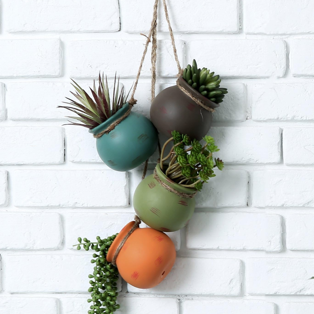 Southwest Desert Color Ceramic 4 Pot Set Wall Or Ceiling Mount Hanging Mini Flower Planters