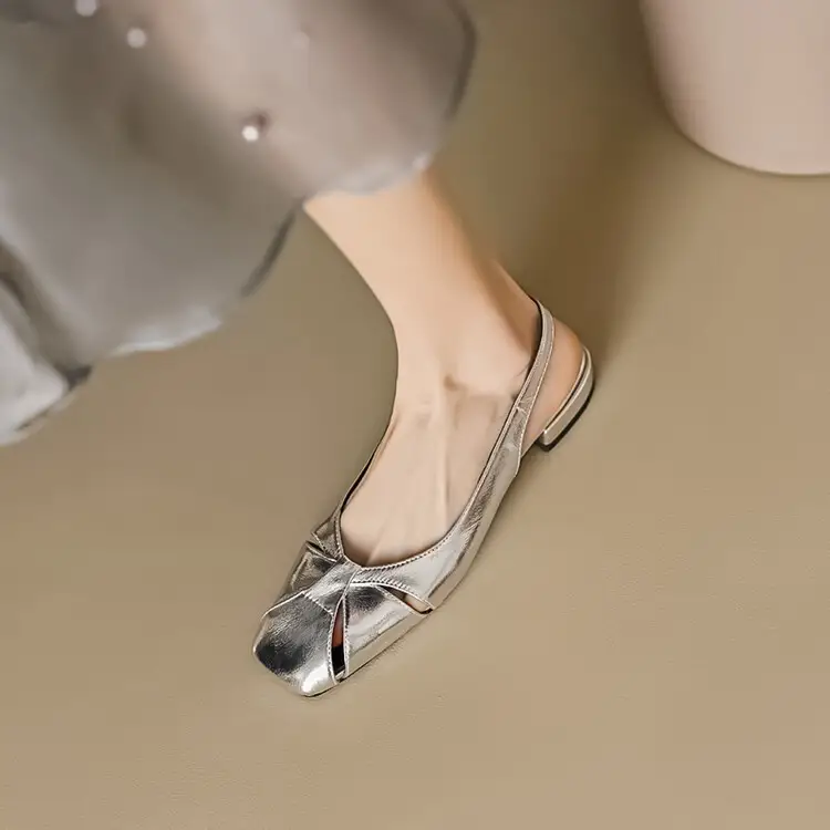 Authentic Leather Toe Box Women's Flat Shoes Back Strap Square Head