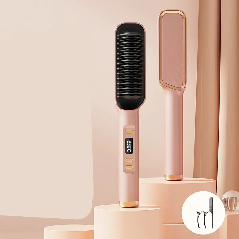 Multifunctional Anti-scald Negative Ion Straight Curling Comb - Pink