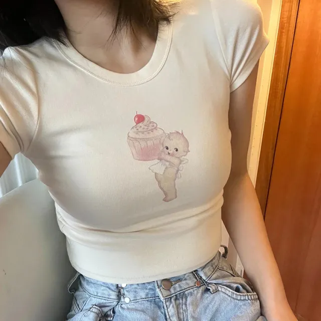 Cake Angel Cotton American High Waist Thread Lace Slim Tank Top Short Sleeve Tan - Shop at LoveMi