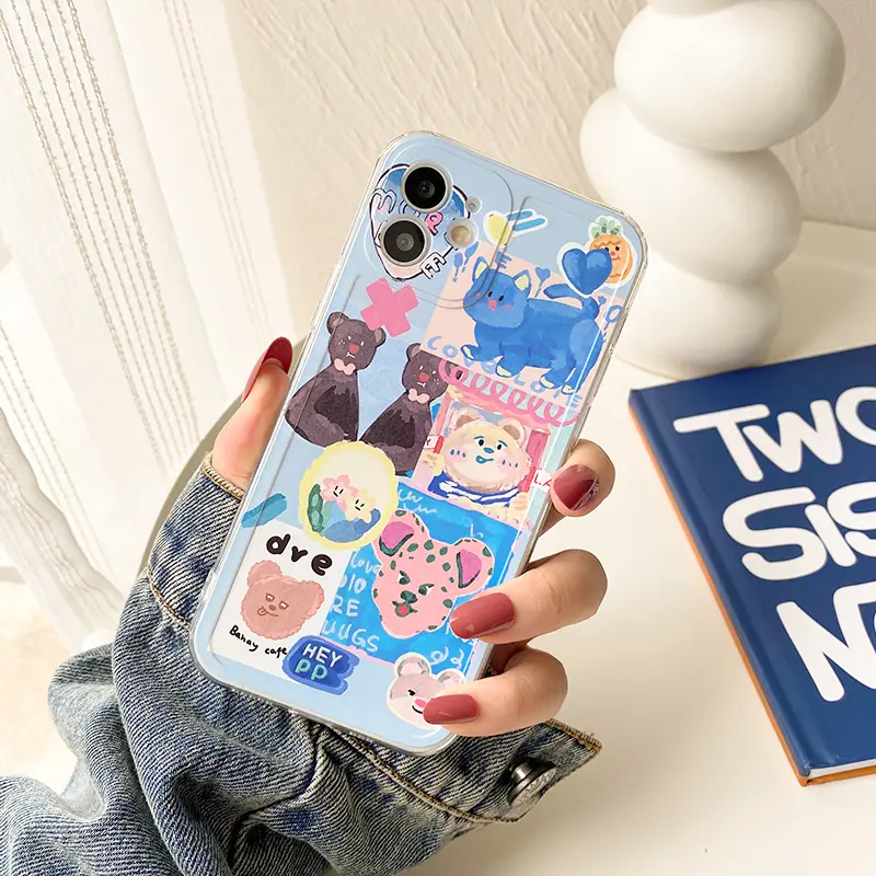 Blue Background Oil Painting Bear Cartoon Ins Suitable For  Case