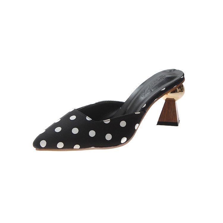 Metal Round Buckle Small Square Toe Small Wave Dot High Heels Black - Shop at LoveMi