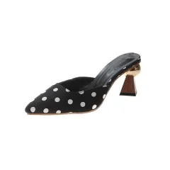Metal Round Buckle Small Square Toe Small Wave Dot High Heels - Black - View 1