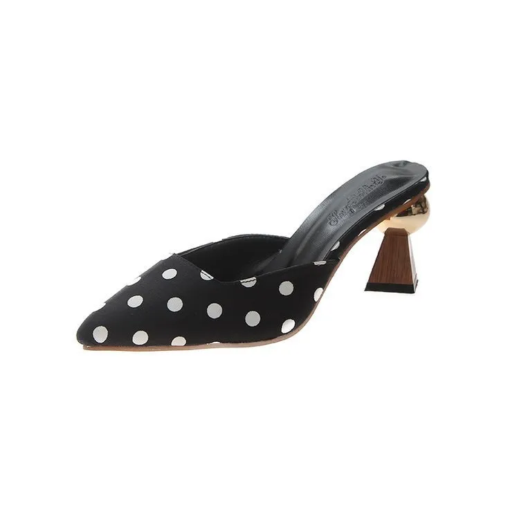 Metal Round Buckle Small Square Toe Small Wave Dot High Heels - Black