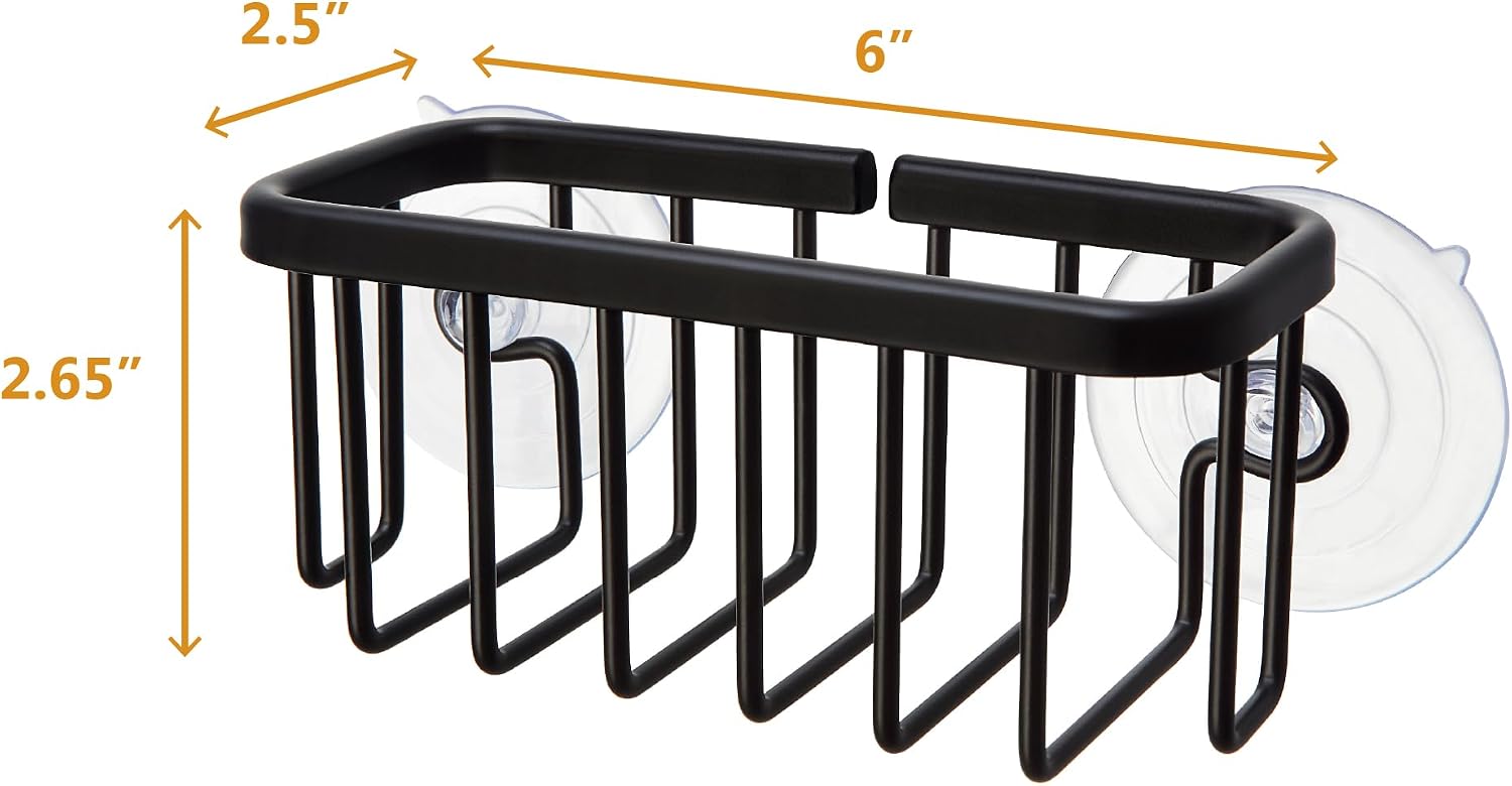 Kitchen And Bathroom Sink Caddy, 6x2.5x2.65 Inch Aluminum Sponge And Soap Holder With Adhesive Mount And Suction Cup, Black