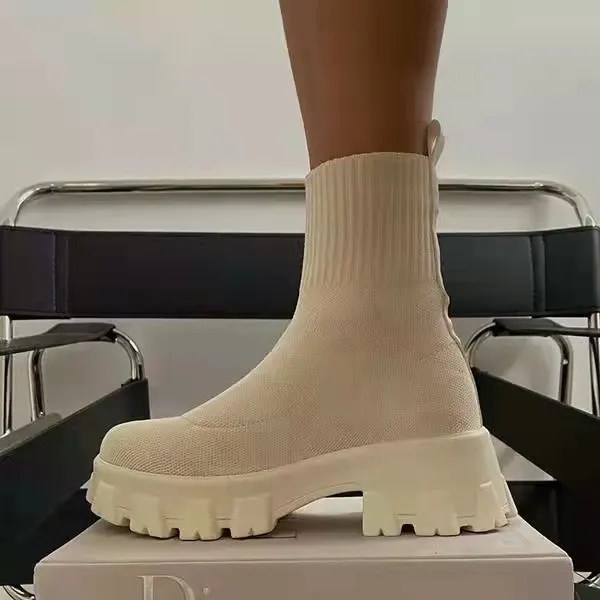 Women Sock Boots Platform Chunky Heels Shoes Beige - Shop at LoveMi