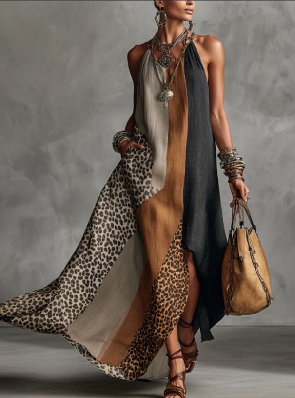 2026 New Leopard Print Contrasting Splicing Hanging Neck Sleeveless Slit Long Skirt