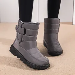Winter Fabric Casual Cotton Shoes Mid-tube Artificial Wool Plus Velvet Thick Snow Boots - Grey - View 1