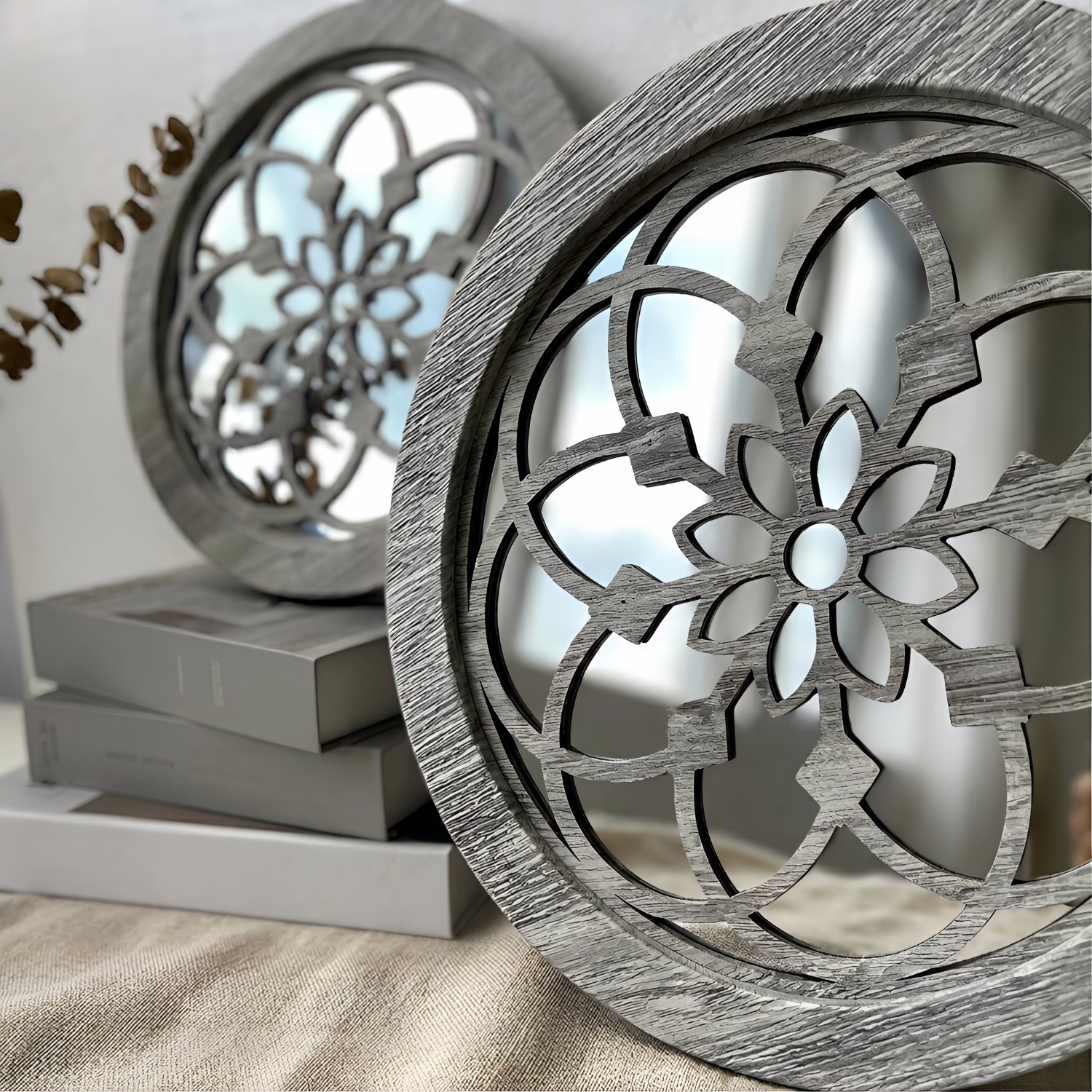 Round Wooden Wall Mirror, 2 Pack, picture 2 of 3