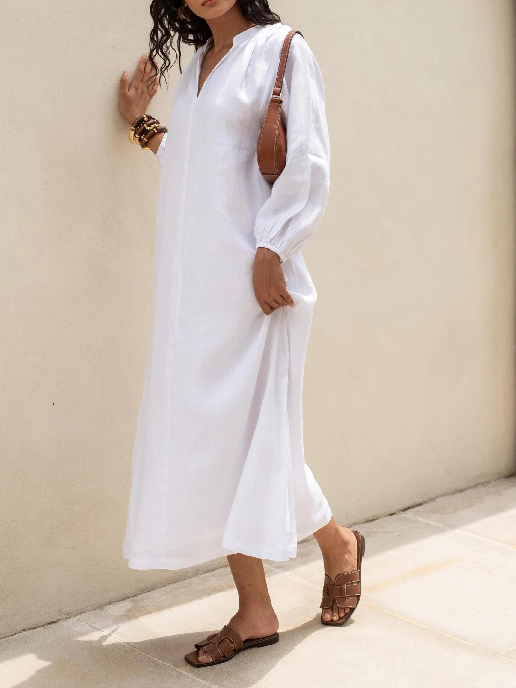 Solid Color V neck Long Sleeve Dress White - Shop at LoveMi