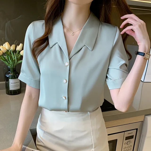 Summer High End Ladies Short Sleeve Chiffon Shirt Women Green - Shop at LoveMi