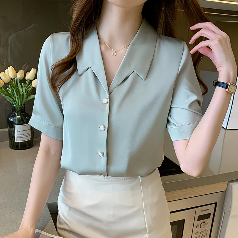 Summer High End Ladies Short Sleeve Chiffon Shirt Women - Green
