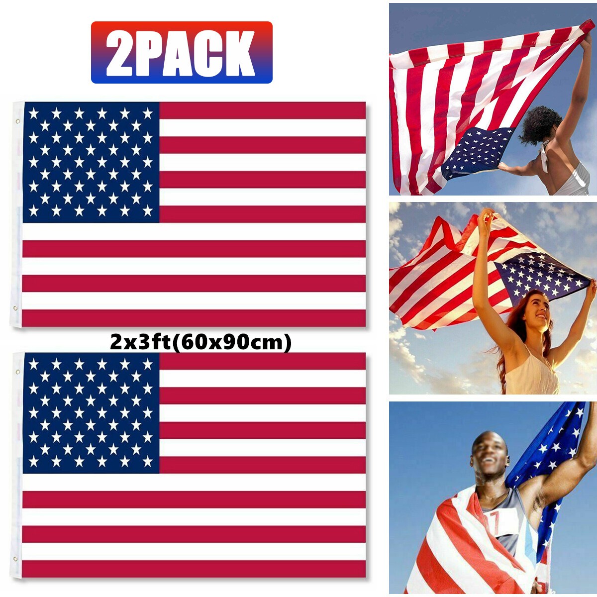 3 FT American Flag US USA National Double Sided Polyester Brass Grommets 60x90cm Flag 2Pcs - Shop at LoveMi