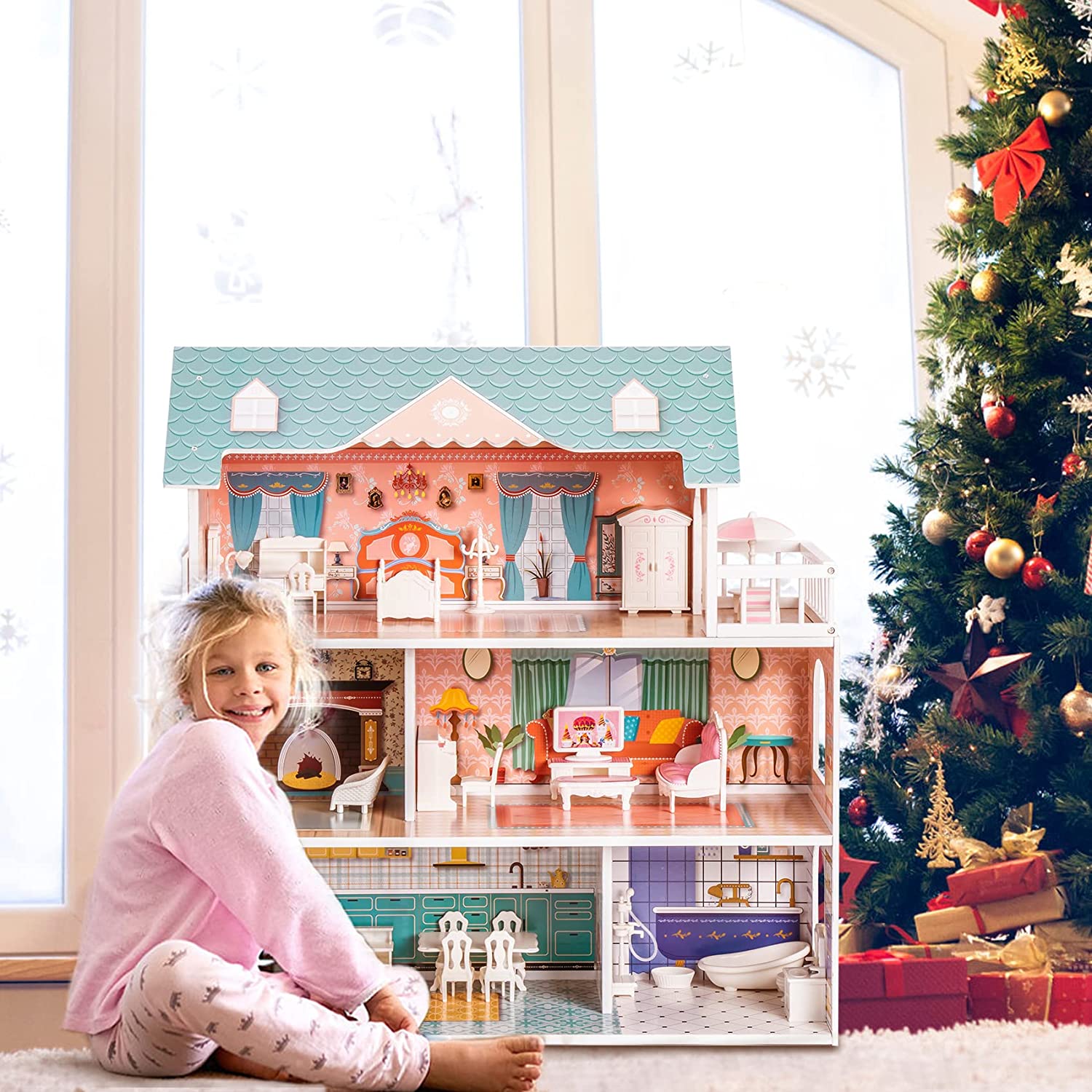 Wooden Dollhouse For Kids Girls Toy Gift. Features: Dreamhouse Dollhouse with Furniture & Accessories Features, Girl's dream dollhouse-Realistic Design and fun game experience, The interior is very colorful and illustrated with much detail, Sturdy and dur