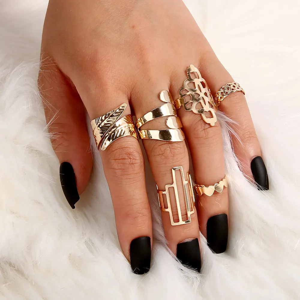 Leaf Crown Geometric Articulation Rings 6 Piece Combination