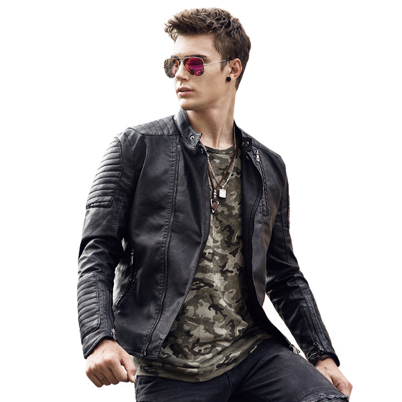 Men's motorcycle leather jacket in autumn