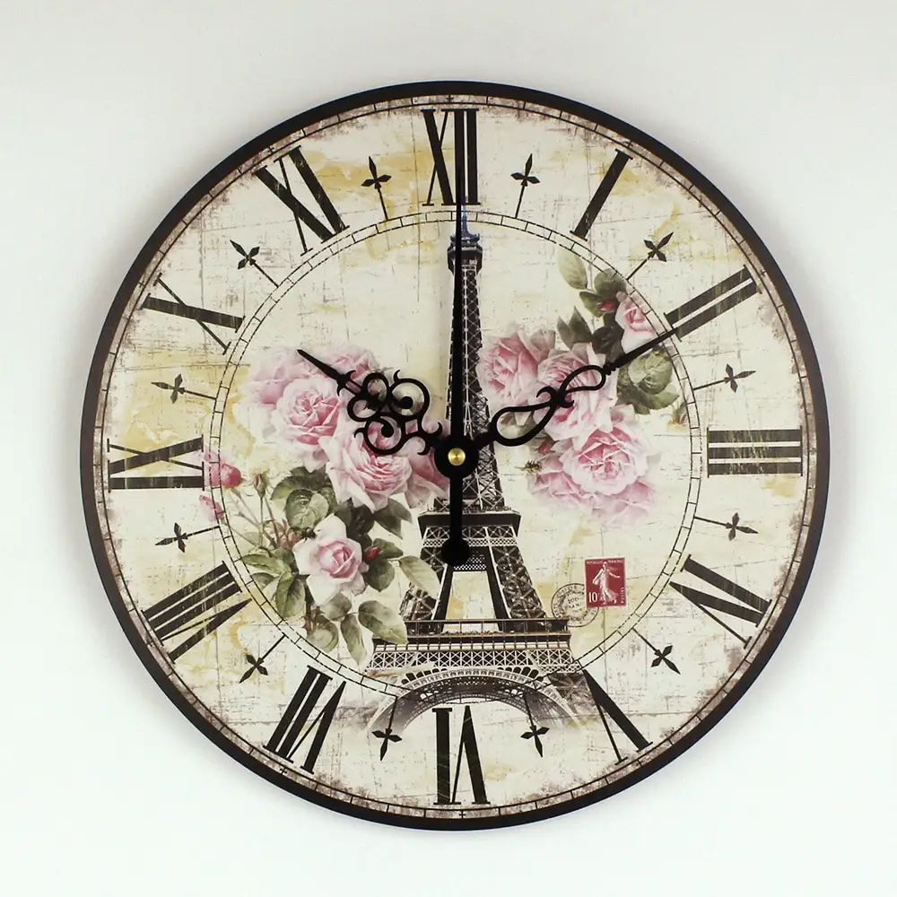 Absolutely Silent Quartz Vintage Rose Wall Clock Effiel Tower