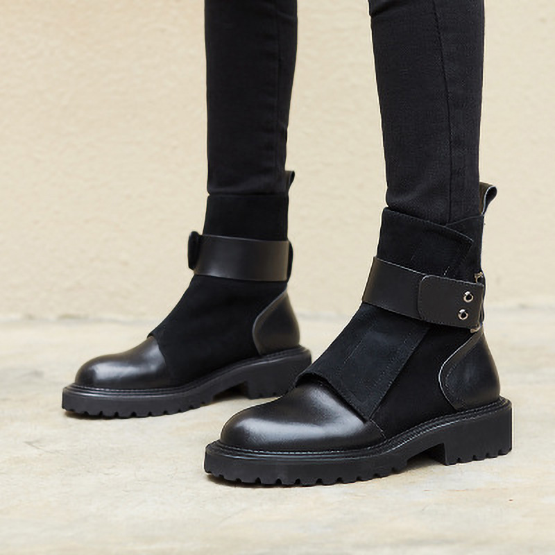 Martin boots with round toe stitching belt buckle