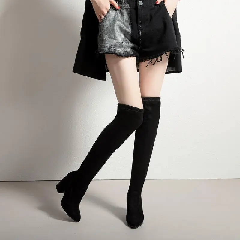 Pointed Super High Heel Elastic Thin Leg Knee Boots - Black