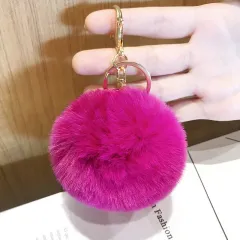 Imitated lazy rabbit fur ball car keychain pendant - Rose Red - View 1