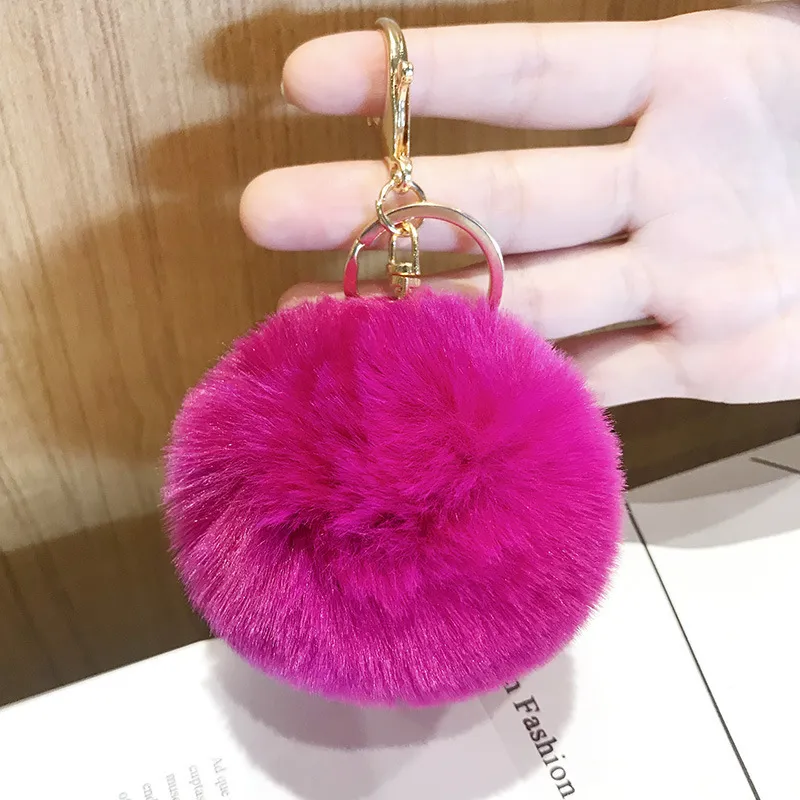 Imitated lazy rabbit fur ball car keychain pendant - Rose Red