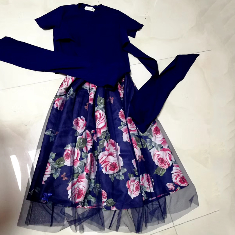 Printed mesh skirt short-sleeved suit
