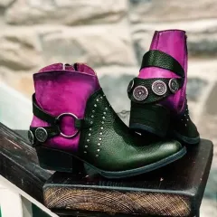 Women's leather boots with studded metal buckle - Purple - View 1
