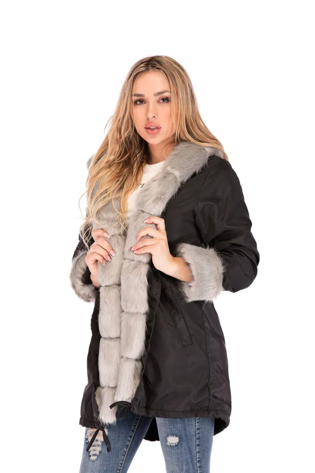 Camouflage plush fur collar warm cotton jacket Black Grey - Shop at LoveMi