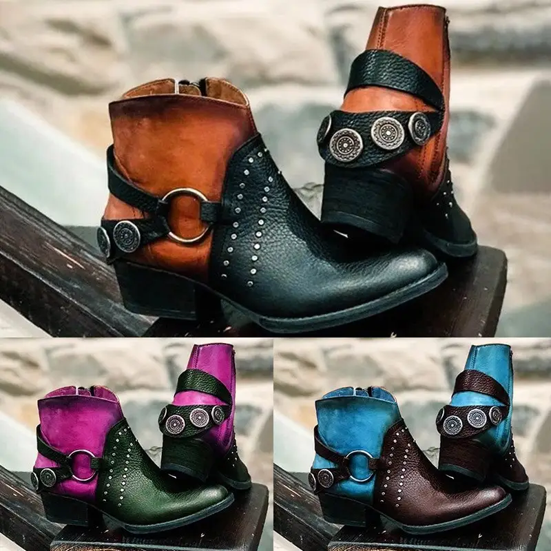 Women's leather boots with studded metal buckle