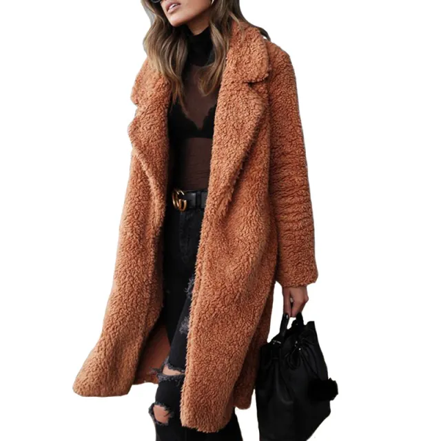 Long sleeve lapel lamb wool coat Caramel Colour - Shop at LoveMi