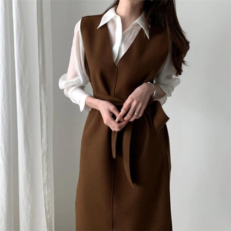 Sleeveless dress elegant V neck woolen dress Caramel L - Shop at LoveMi