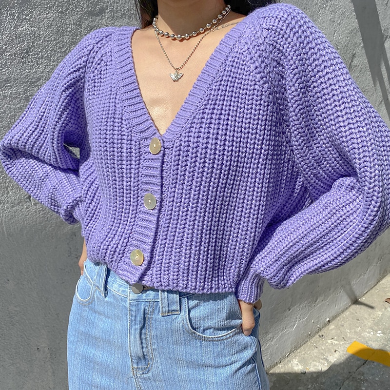 Loose Lantern Sleeve V-neck cardigan casual coat top