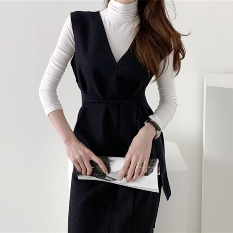 Sleeveless dress elegant V neck woolen dress Blue - Shop at LoveMi
