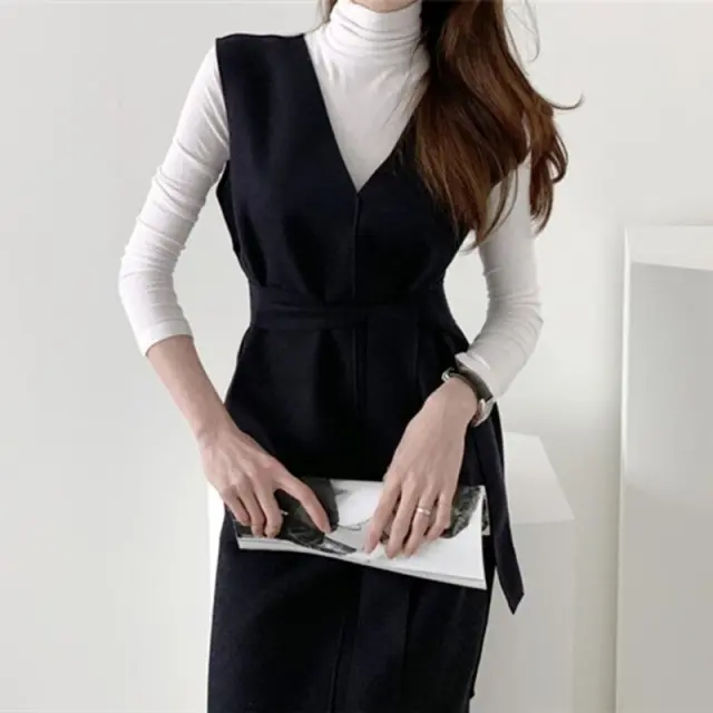 Sleeveless dress elegant V neck woolen dress Blue - Shop at LoveMi