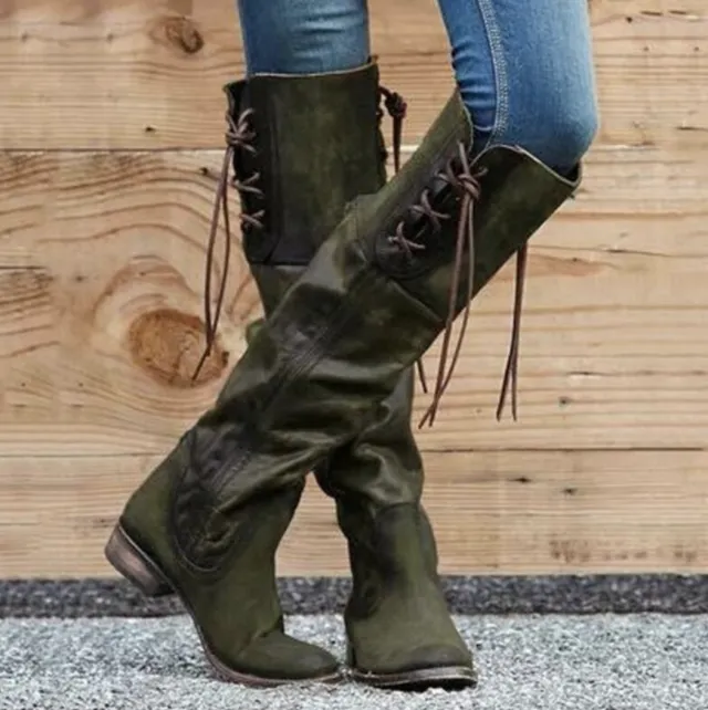 New product square heel mid heel high boots women Green - Shop at LoveMi