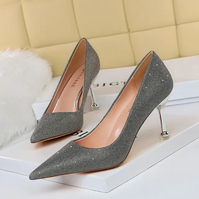 Shallow pointed toe sparkling high heels Grey - Shop at LoveMi